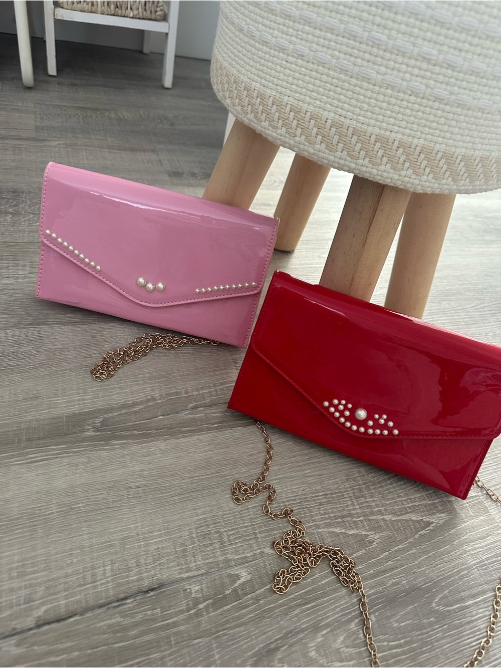 Steve Madden Patent Pearl-Trim Envelope Clutch in Pink and Red…. BOTH FOR $50